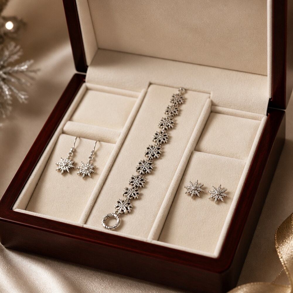 ❄️ Winter Snowflake Statement Set Multi Piece Silver Bracelet Earrings Gift Trio